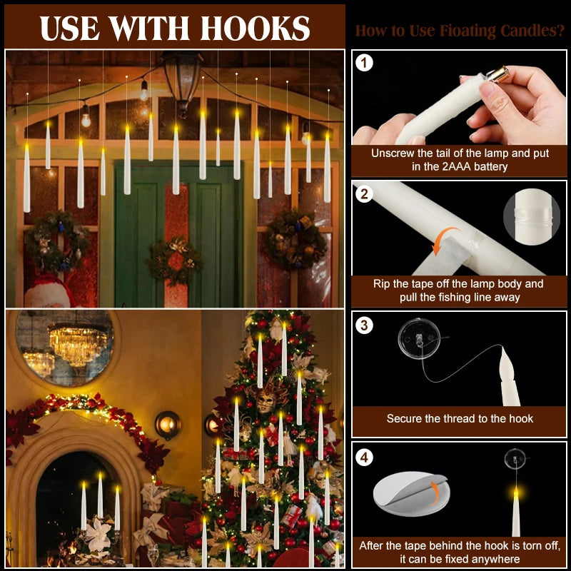 Christmas Floating Candles With Magic Wand Remote,LED Flameless Warm Hanging Candle,Flickering Battery Operated Taper Candle