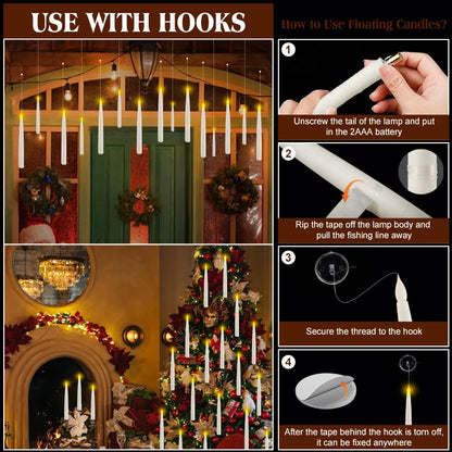 Christmas Floating Candles With Magic Wand Remote,LED Flameless Warm Hanging Candle,Flickering Battery Operated Taper Candle