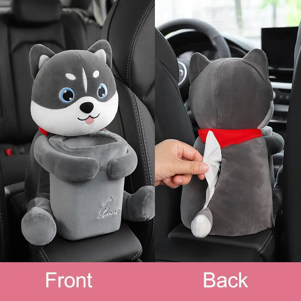 Car Mounted Tissue Box 2-in-1 Cartoon Plush Doll Auto Armrest Box Hanging Paper Drawer Storage Car Trash Can And Tissue Holder