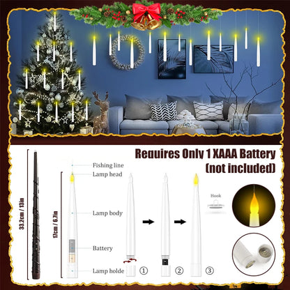 Christmas Floating Candles With Magic Wand Remote,LED Flameless Warm Hanging Candle,Flickering Battery Operated Taper Candle