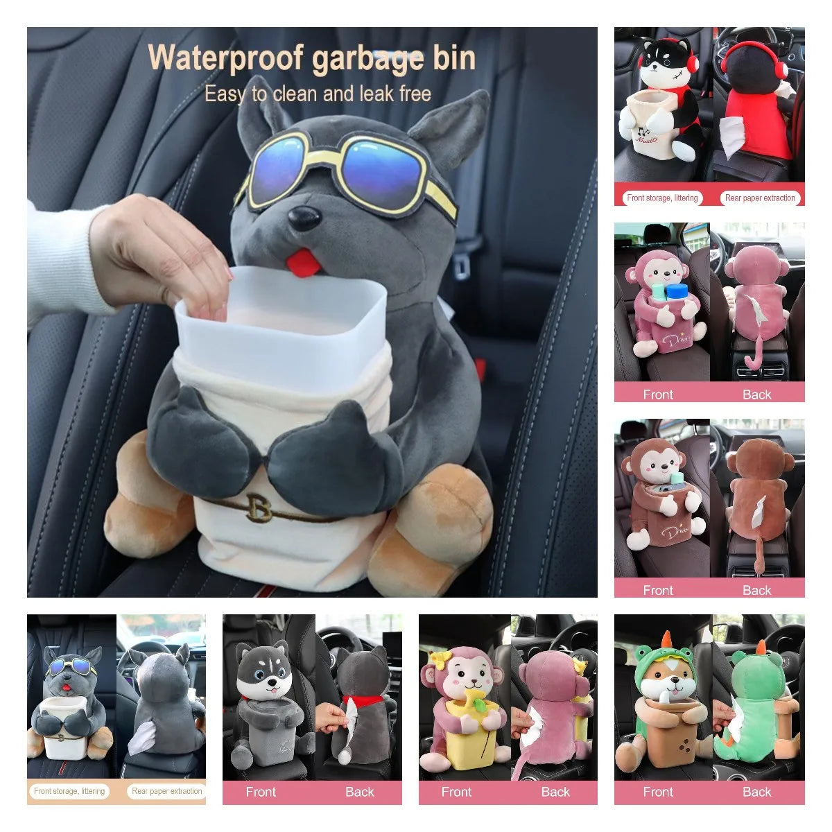 Car Mounted Tissue Box 2-in-1 Cartoon Plush Doll Auto Armrest Box Hanging Paper Drawer Storage Car Trash Can And Tissue Holder