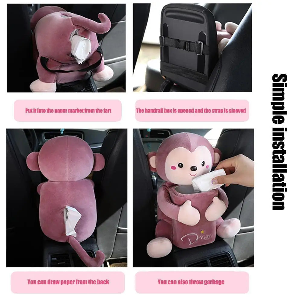 Car Mounted Tissue Box 2-in-1 Cartoon Plush Doll Auto Armrest Box Hanging Paper Drawer Storage Car Trash Can And Tissue Holder